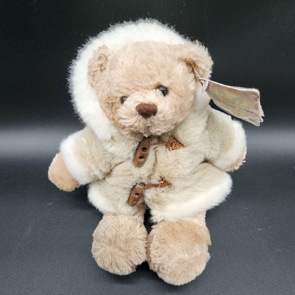 Plushland Tan Bruno Teddy Bear Cream Faux Fur Parka Hooded Winter Bean Bag Plush